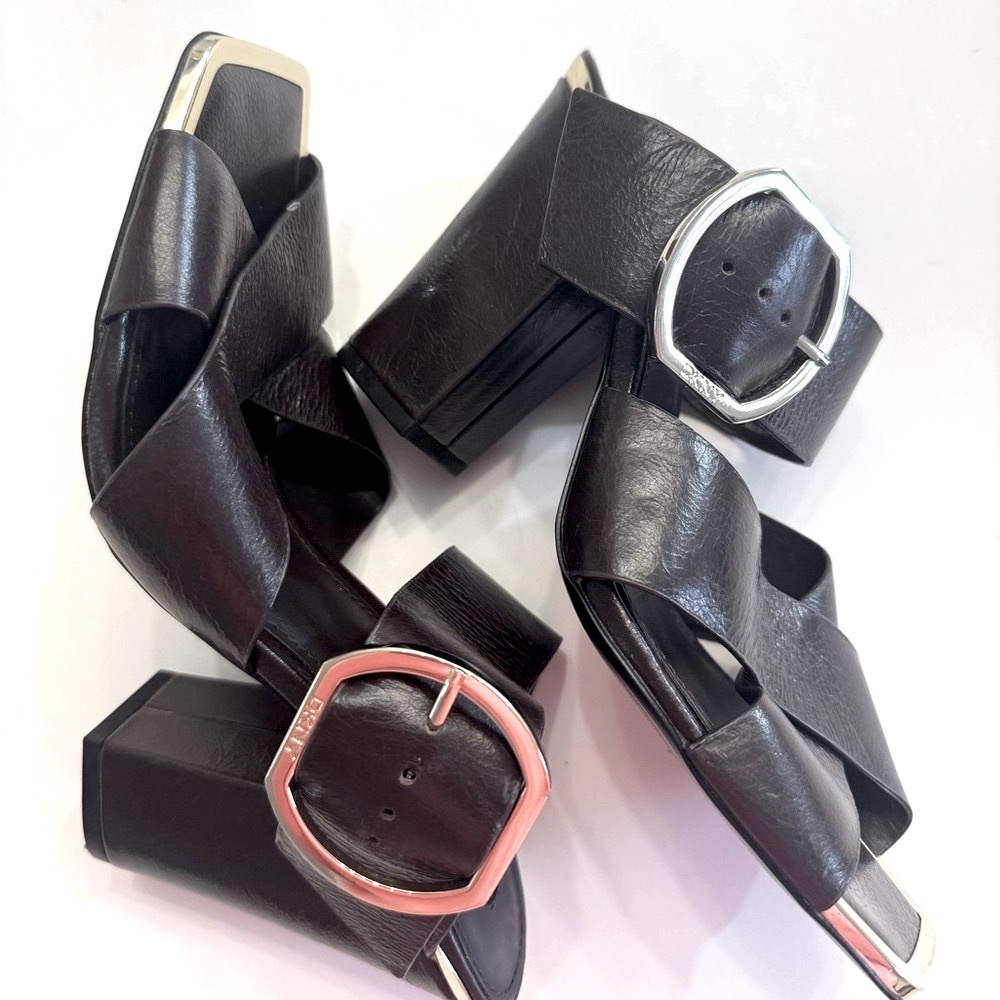 DKNY Lake Buckled Slide Leather Sandals, High Heel Platform - Picture 9 of 14